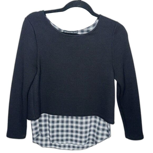Generation Love Black  Scoop Neck Sweater with Plaid Hem Size XS - Picture 1 of 6